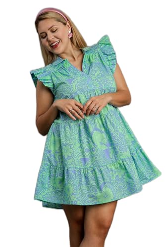 Umgee Abstract Print V-Neck Babydoll Dress with Ruffled Cap Sleeves