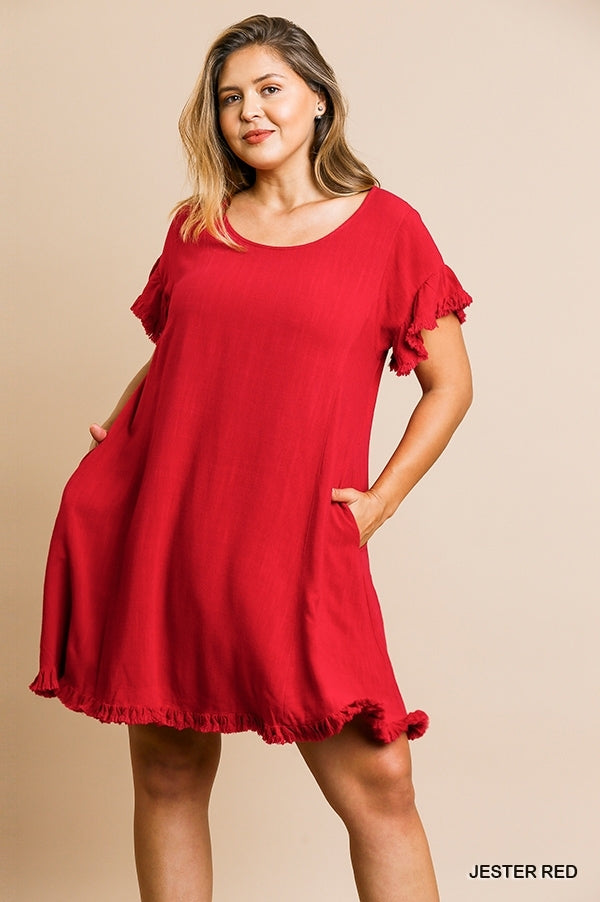 Umgee Linen Blend Short Ruffle Sleeve Round Neck Dress with Ruffle Hem