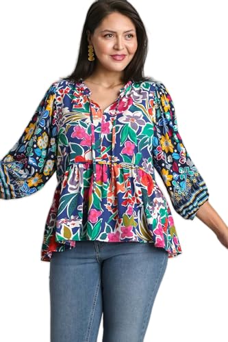 Umgee Babydoll Mix & Match Top with Floral Print Boarder Balloon Sleeve