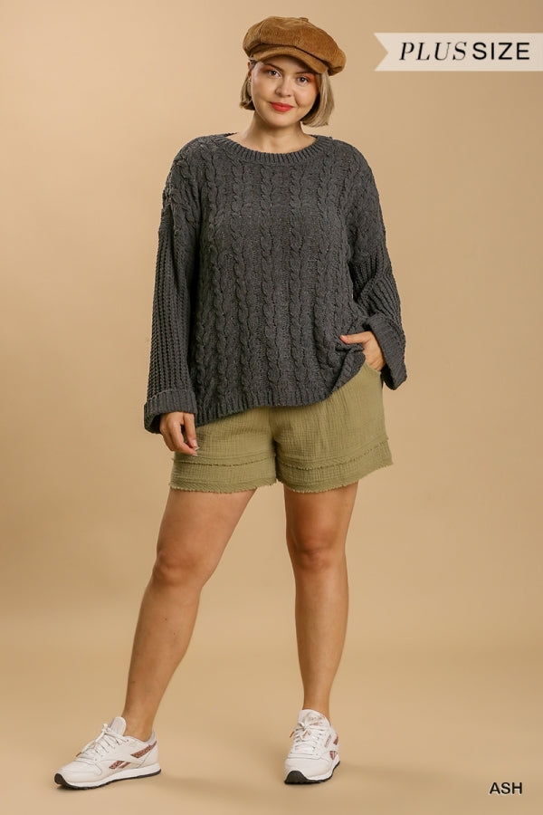 Umgee Cuffed Long Sleeve Chenille Cable Knit Pullover Sweater