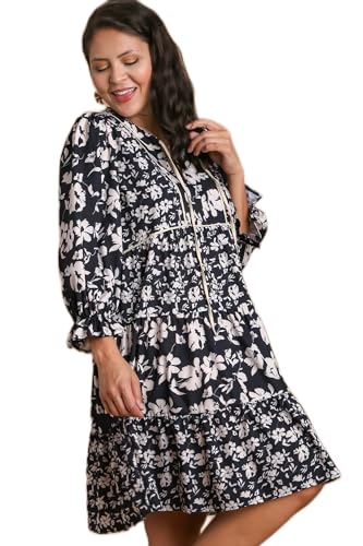 Umgee Floral Printed Mixed Tiered Dress 3/4 Sleeve