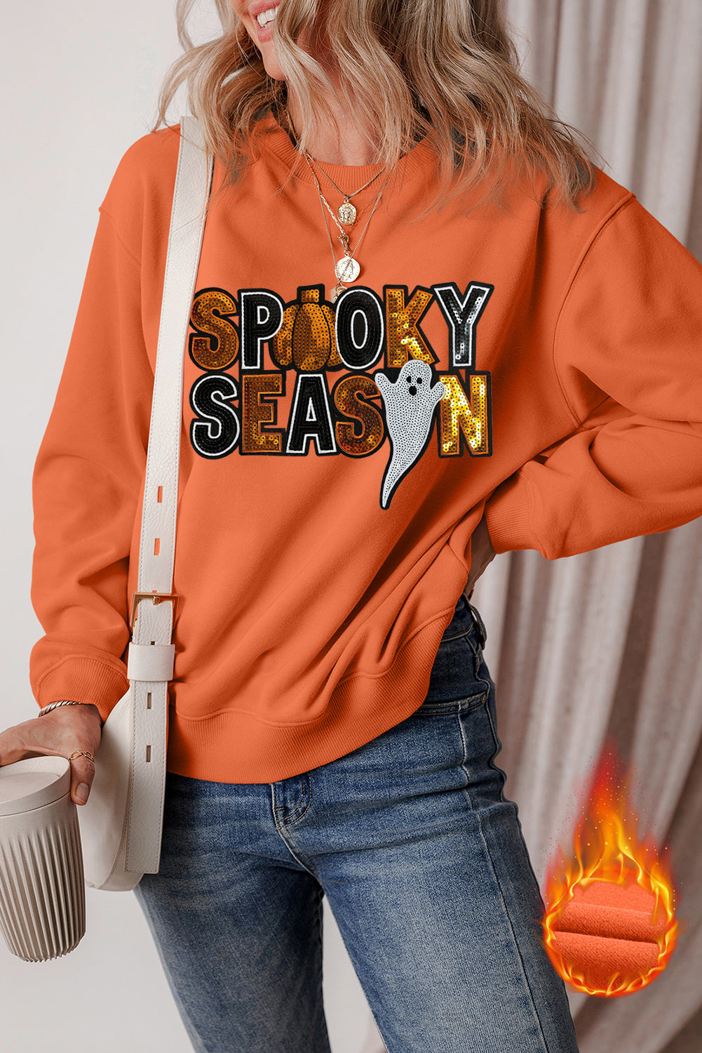 Russet Orange Sequin SPOOKY SEASON Ghost Halloween Graphic Sweatshirt