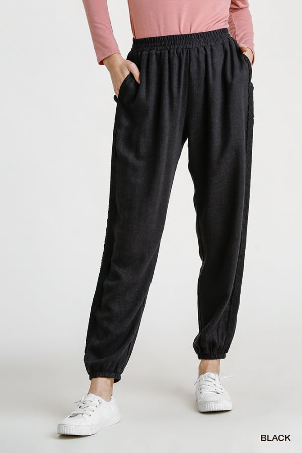 Umgee Linen Blend Side Lace Detail Jogger Pants