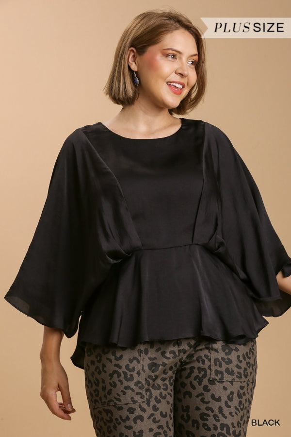 Umgee Washed Satin Pleated Round Neck Kimono Sleeve Top with Peplum Hem