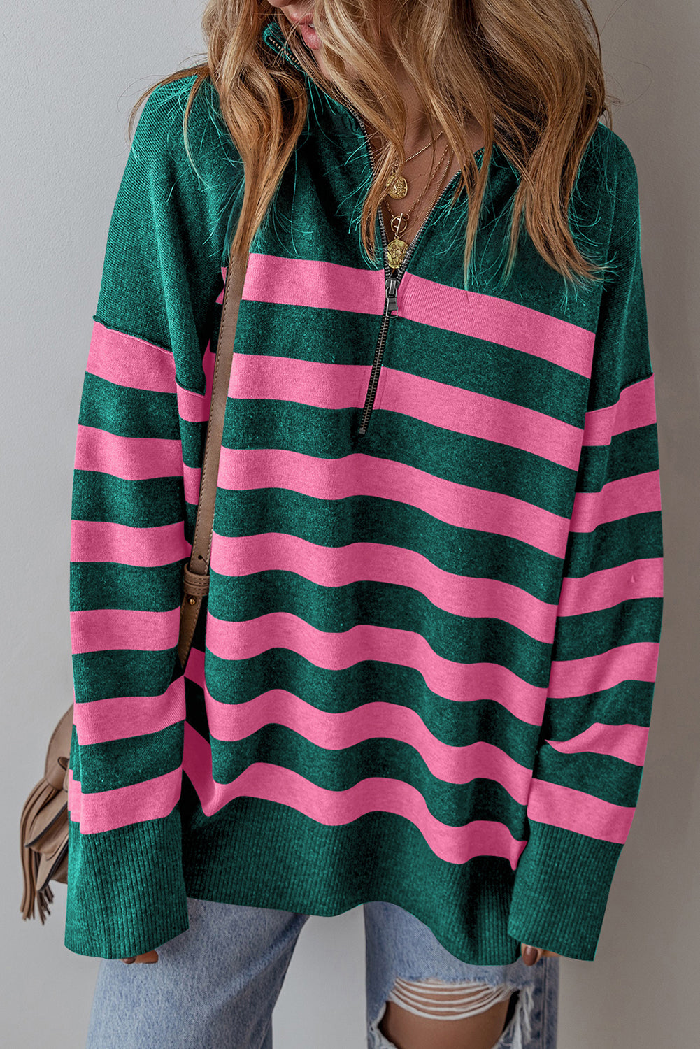 Green Striped Collared Quarter Zip Oversized Sweater