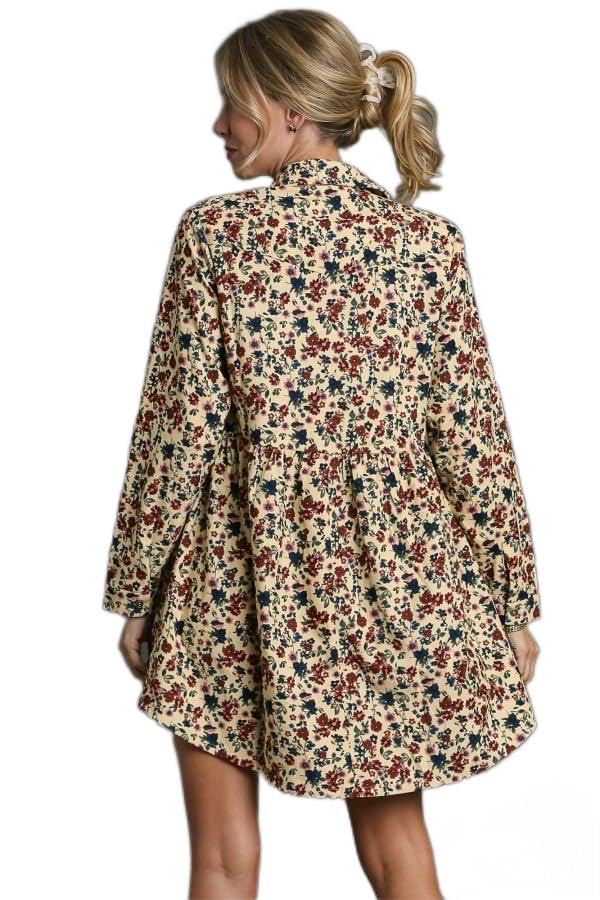 Umgee USA Floral Print Corduroy Collar Dress