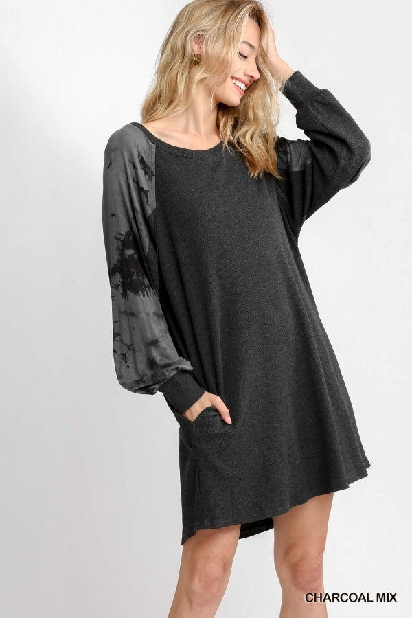 Umgee Tie Dye Contrast Raglan Sleeve Round Neck Waffle Knit Dress