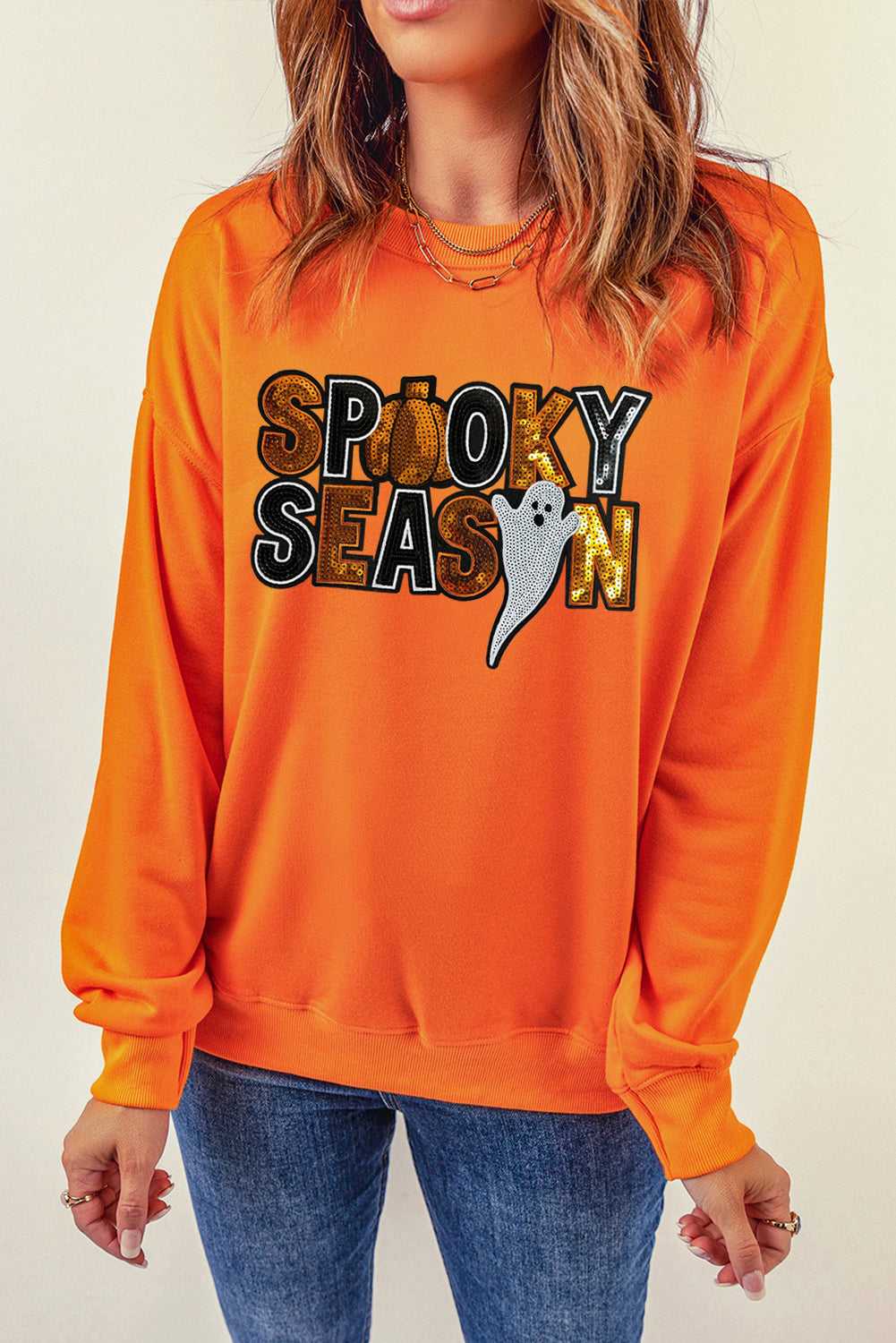 Russet Orange Sequin SPOOKY SEASON Ghost Halloween Graphic Sweatshirt