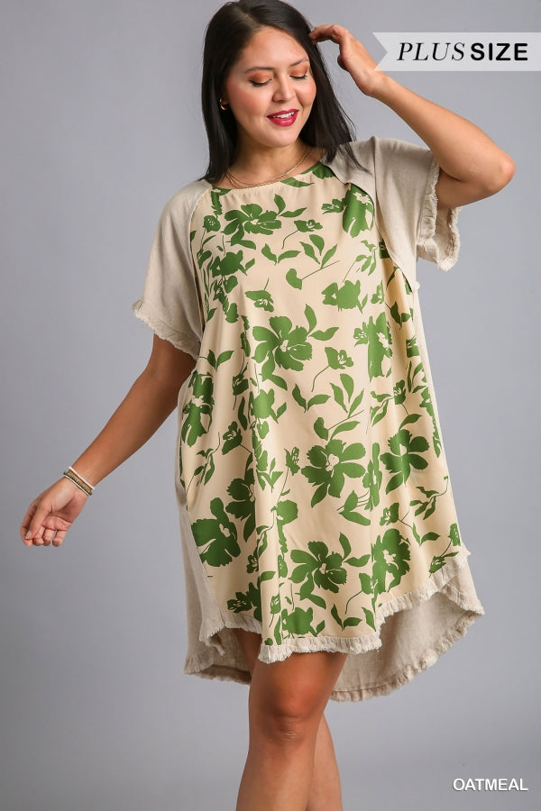 Umgee Linen Blend Front Floral Print Dress with High Low Hem & Unfinished Fringe