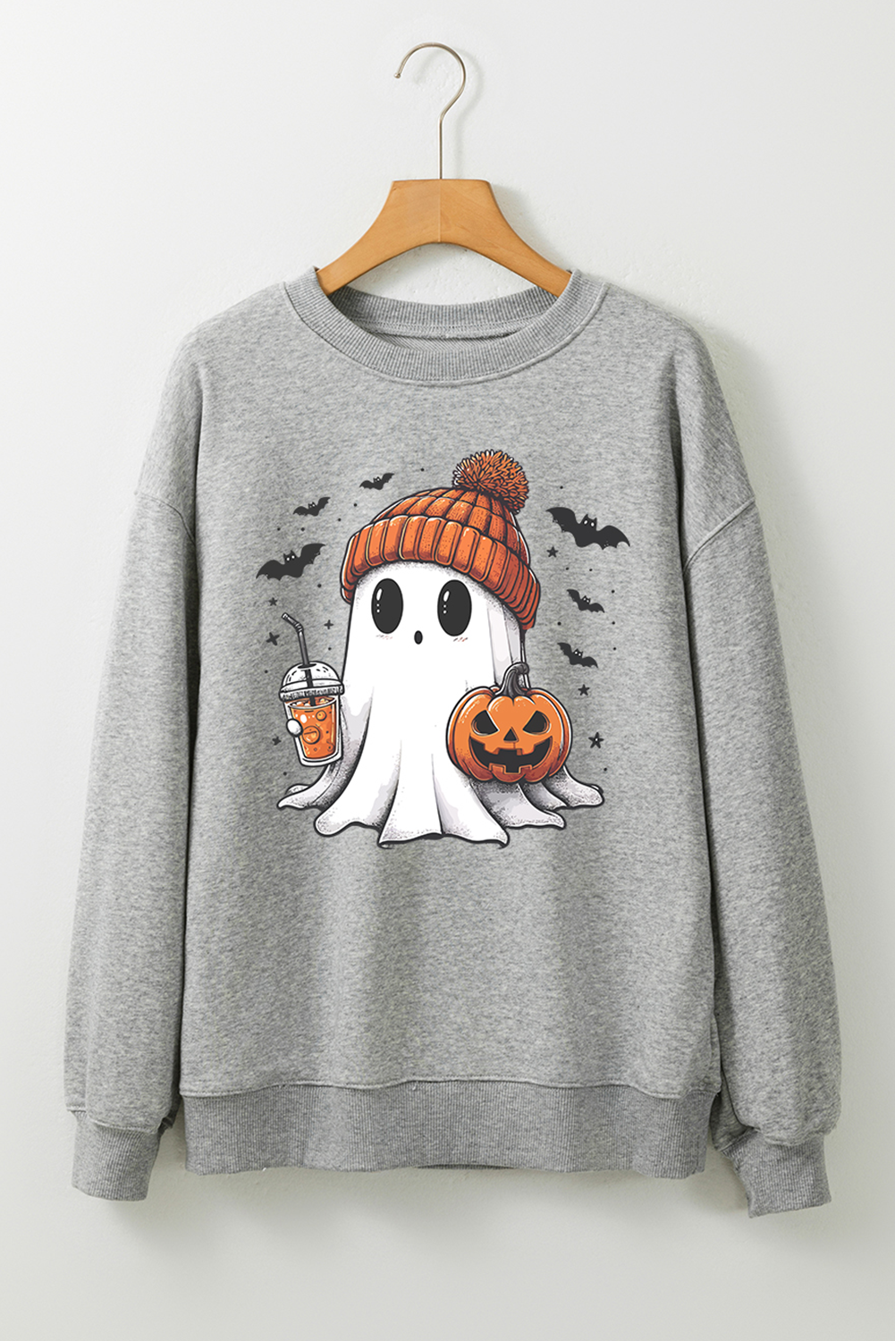 Gray Halloween Ghost Print Crewneck Drop Shoulder Sweatshirt