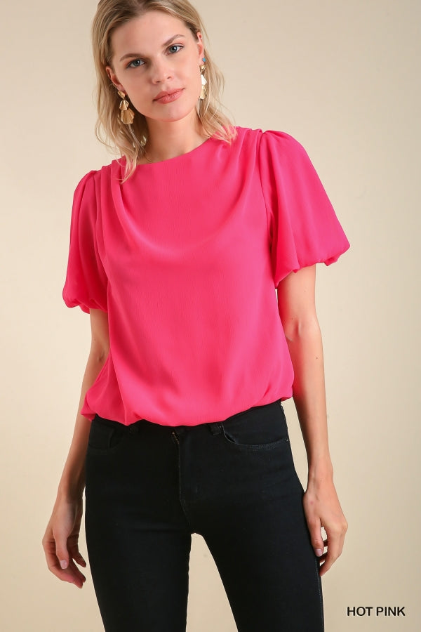 Umgee Pleated Bubble Sleeve and Hem Top with Back Button Keyhole