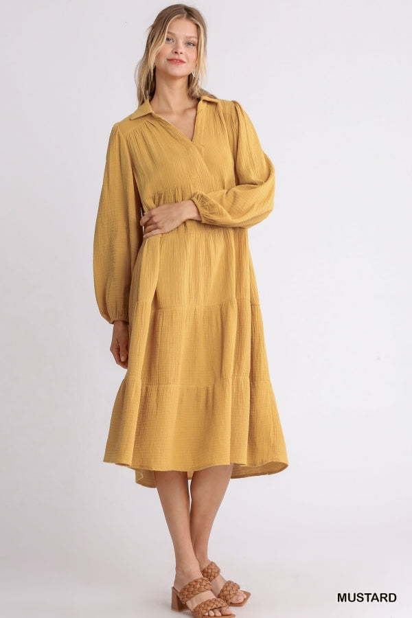 Gauze Long Sleeve Collar Split Neck Tiered Maxi Dress