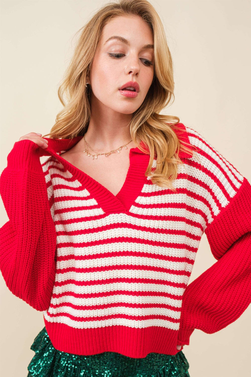 Red Striped V Neck Collar Drop Sleeve Sweater