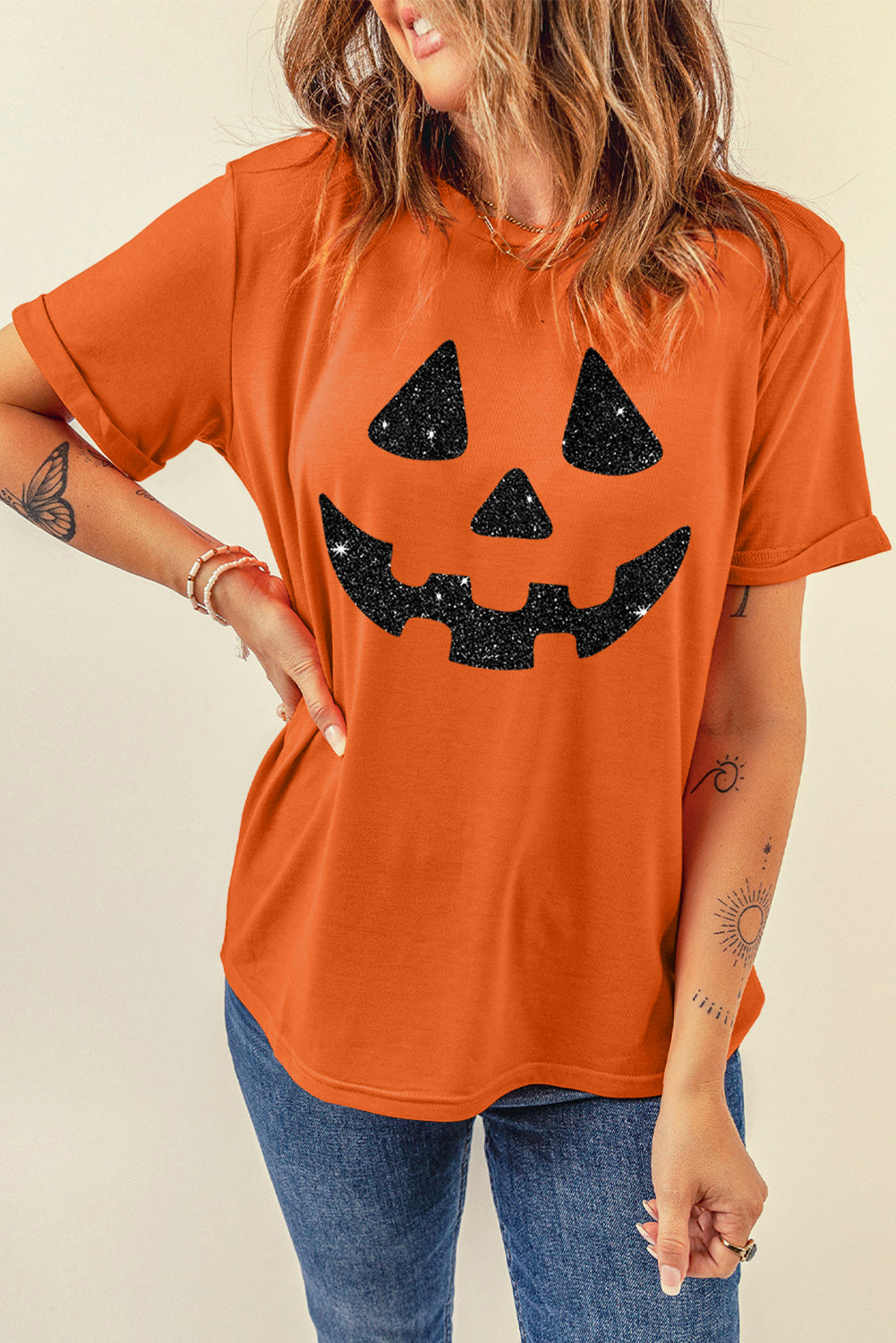 Orange Glittering Pumpkin Face Graphic Crewneck T Shirt