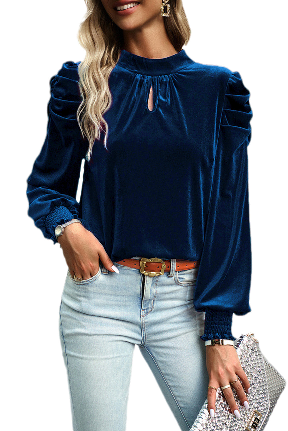 Navy Blue Mock Keyhole Neck Puff Sleeve Velvet Blouse