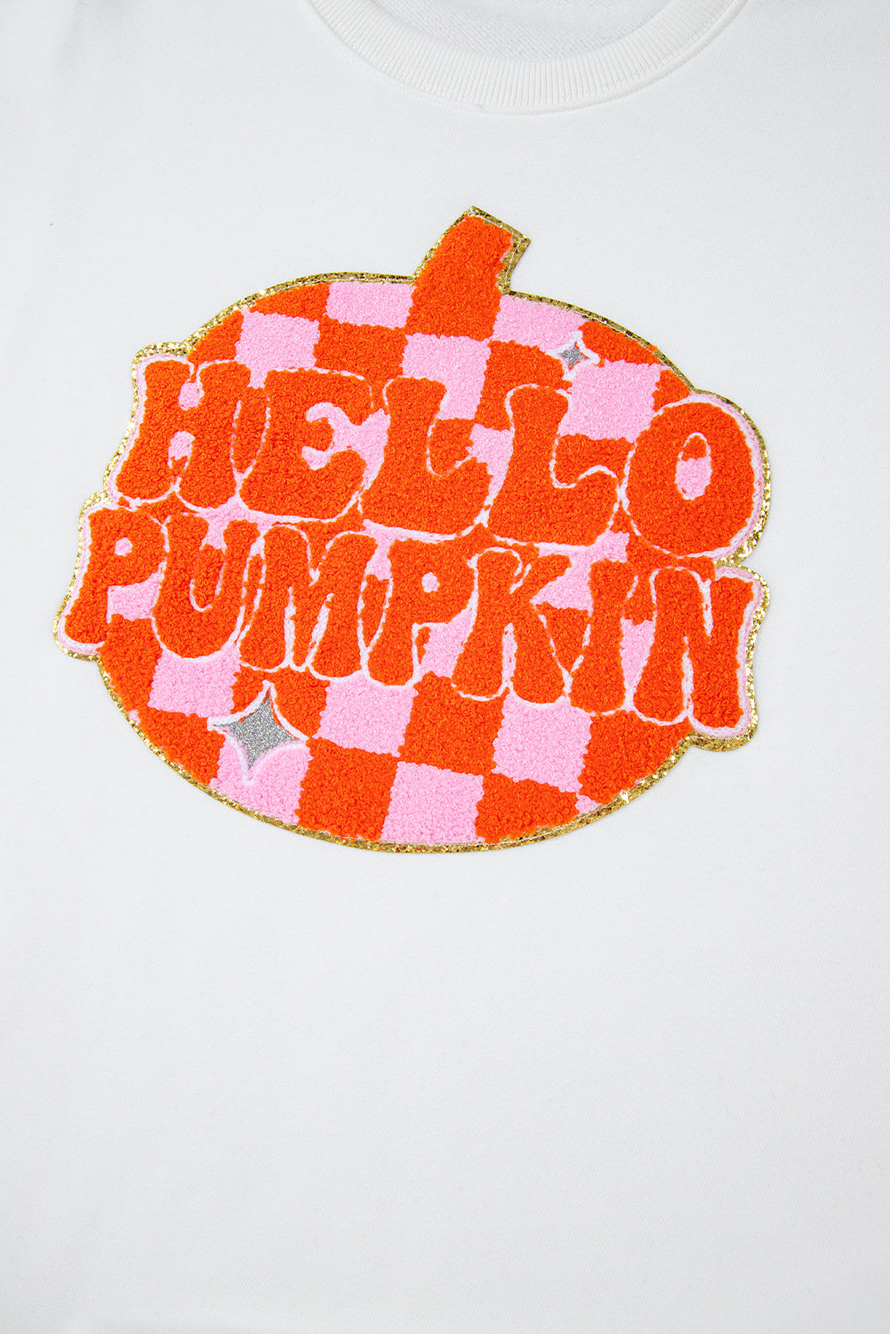 White Halloween Hello Pumpkin Patched Pullover Sweatshirt