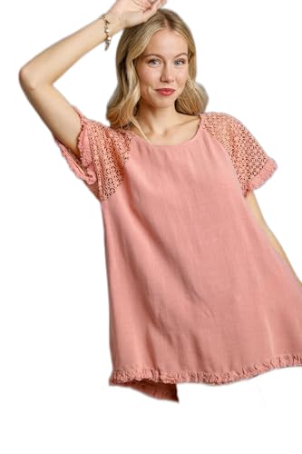 Umgee Linen Blend Floral Crochet Detailed Short Sleeve Round Neck Top with Fringed Hem