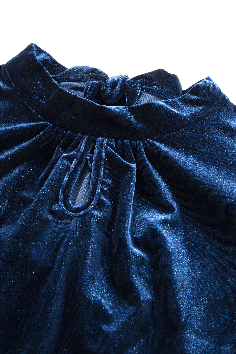 Navy Blue Mock Keyhole Neck Puff Sleeve Velvet Blouse