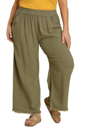 Umgee Wide Leg Pant with Elastic Waist, Pockets, and Frayed Hem