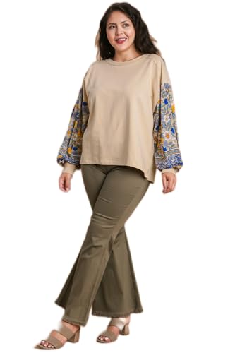 Umgee Solid French Terry Top with Floral Printed Boarder on Sleeves