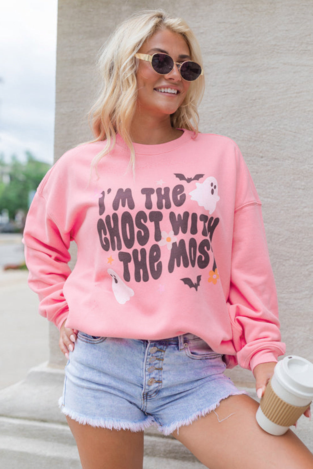 Pink Halloween Slogan Ghost Bat Graphic Drop Shoulder Sweatshirt