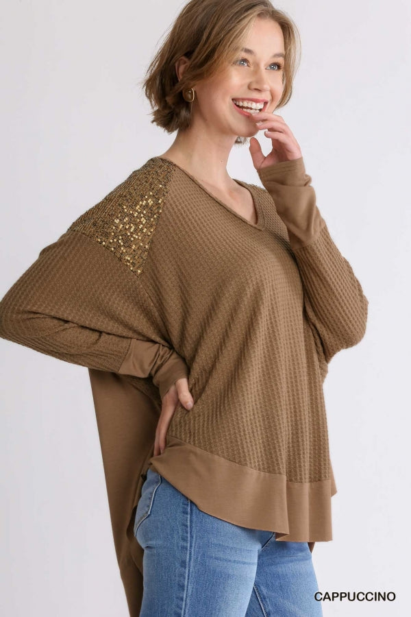 Umgee Dolman Long Sleeve Waffle Knit Top with Sequin Shoulder Detail and High Low Hem