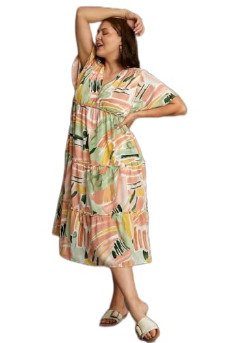 Umgee Abstract V-Neck Tiered A-Line Dress with Ruffle Sleeves