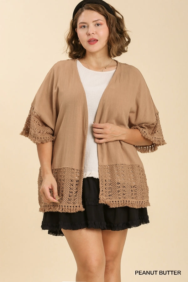 Umgee Linen Blend Crochet Detail Open Front Cardigan with Tassel Frayed Hem