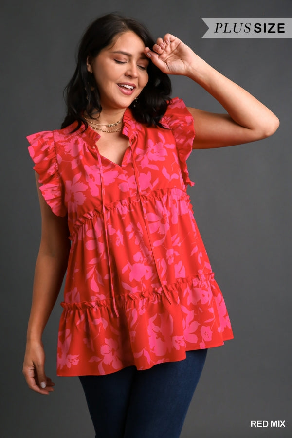 Umgee Split Neck Graphic Floral Print Top, Ruffle Trim Neckline and Smocked Shoulder Detail