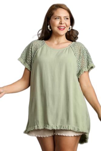 Umgee Linen Blend Floral Crochet Detailed Short Sleeve Round Neck Top with Fringed Hem