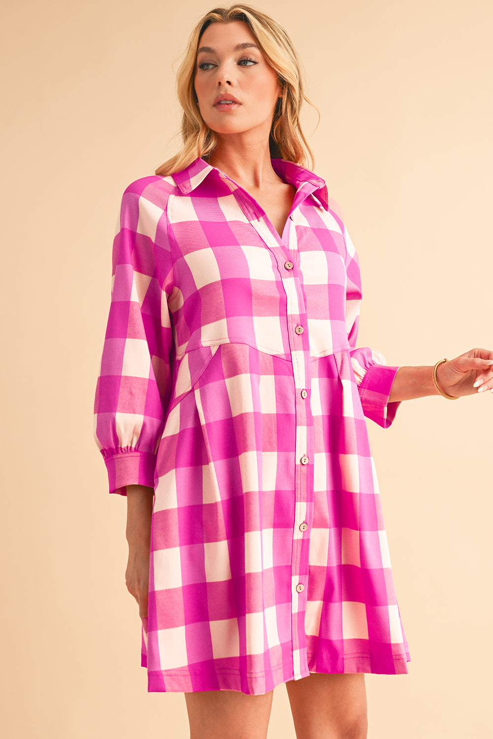 Rose Red Hidden Pocket Plaid Button Down Shirt Dress