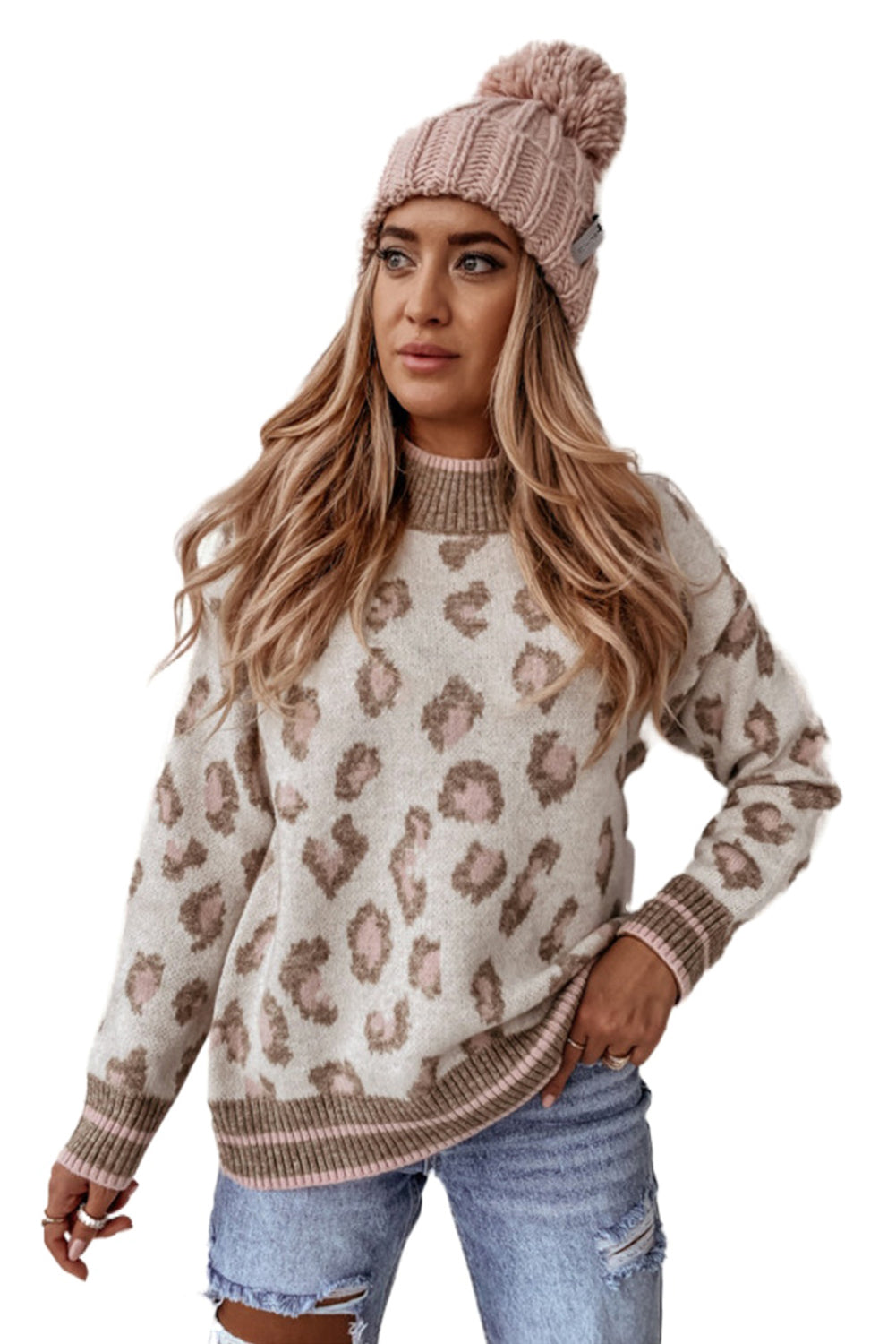 Brown Two-tone Ribbed Trim Contrast Leopard Sweater