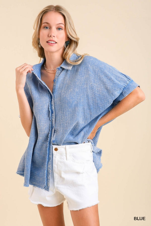 Umgee Cotton Gauze Mineral Wash Button Down Top