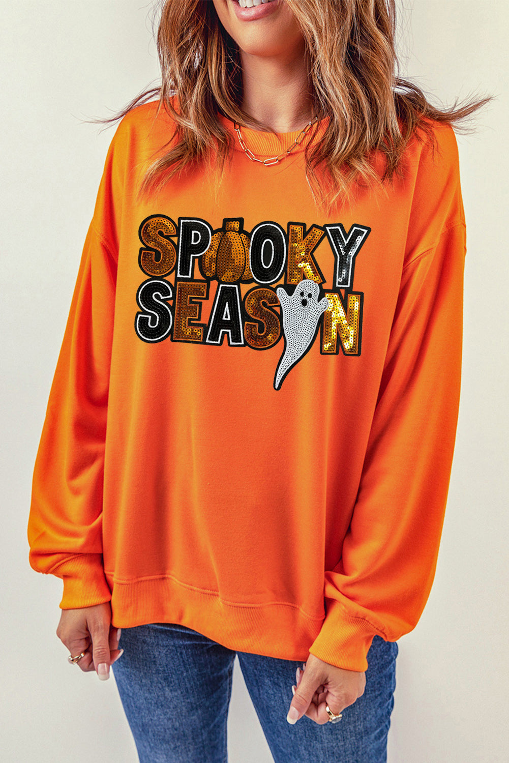 Russet Orange Sequin SPOOKY SEASON Ghost Halloween Graphic Sweatshirt