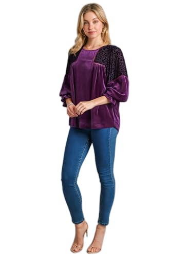 Umgee Solid and Animal Velvet Burnout with Ladder Trim Detail Top