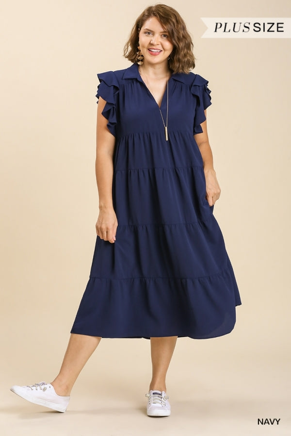 Umgee Collar Split Neck Short Ruffle Sleeves Tiered Midi Dress with No Lining