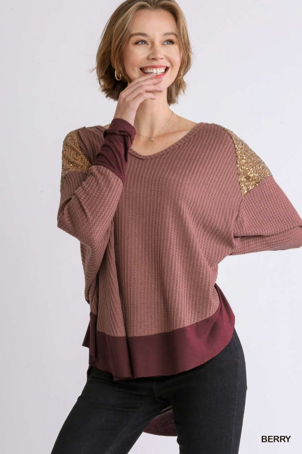 Umgee Dolman Long Sleeve Waffle Knit Top with Sequin Shoulder Detail and High Low Hem