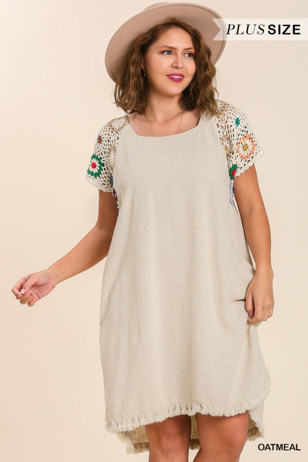 Umgee Linen Blend Short Crochet Sleeve Round Neck High low Fishtail Scoop Hem Dress with No Lining