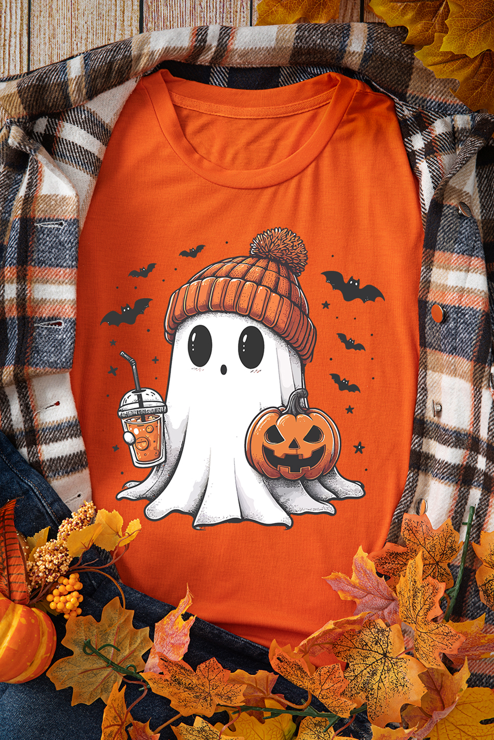 Orange Cute Ghost Pumpkin Print Halloween T Shirt