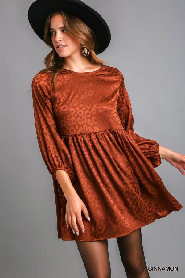 Umgee Animal Jacquard Print Long Sleeve Dress with Keyhole Back
