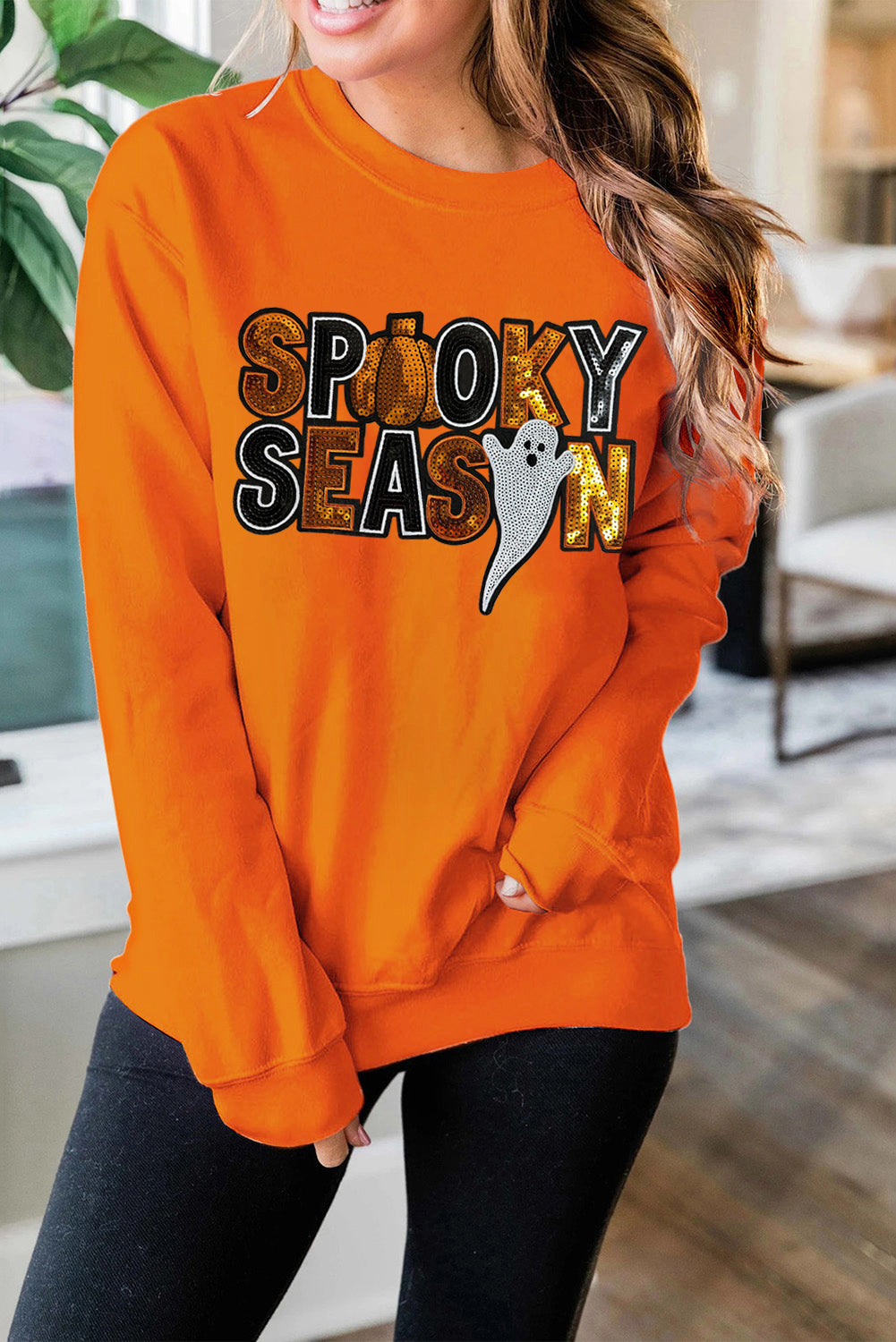 Russet Orange Sequin SPOOKY SEASON Ghost Halloween Graphic Sweatshirt