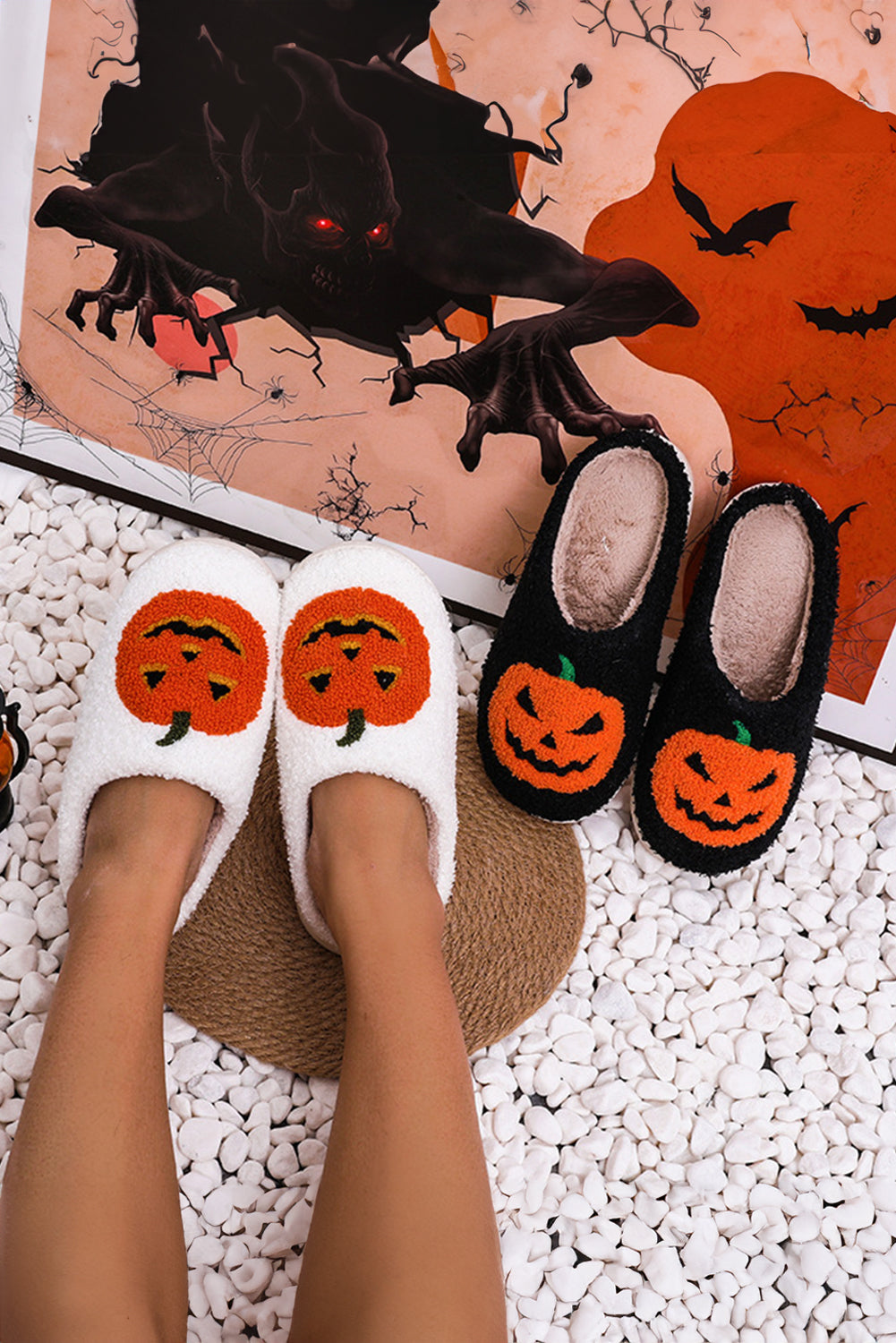 White Halloween Pumpkin Print Plush Slippers