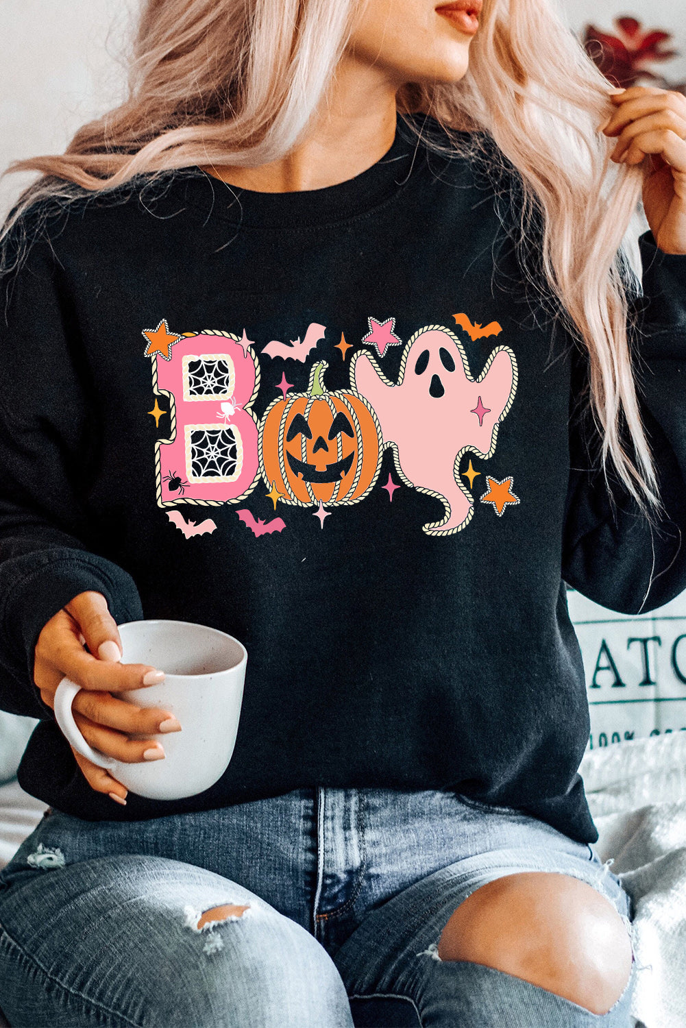 Black BOO Pumpkin Ghost Print Graphic Halloween Sweatshirt