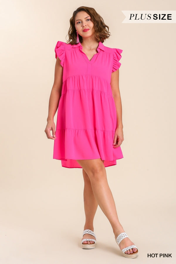 Umgee Tiered Short Dress with Flutter Sleeves & Collar No Lining