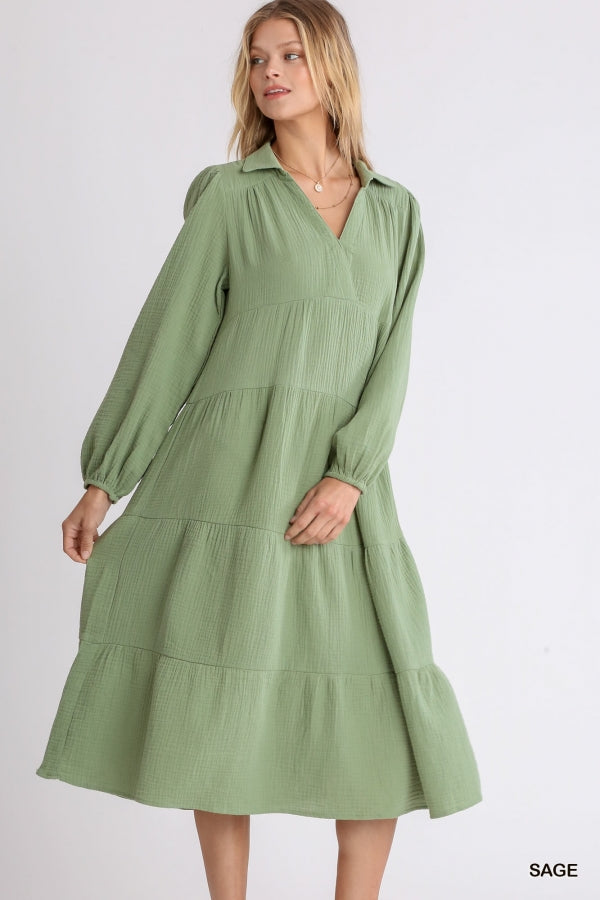 Gauze Long Sleeve Collar Split Neck Tiered Maxi Dress