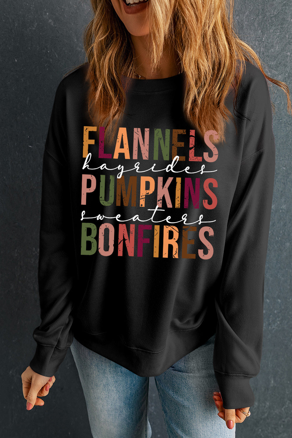 Black FLANNELS PUMPKINS BONFIRES Graphic Sweatshirt