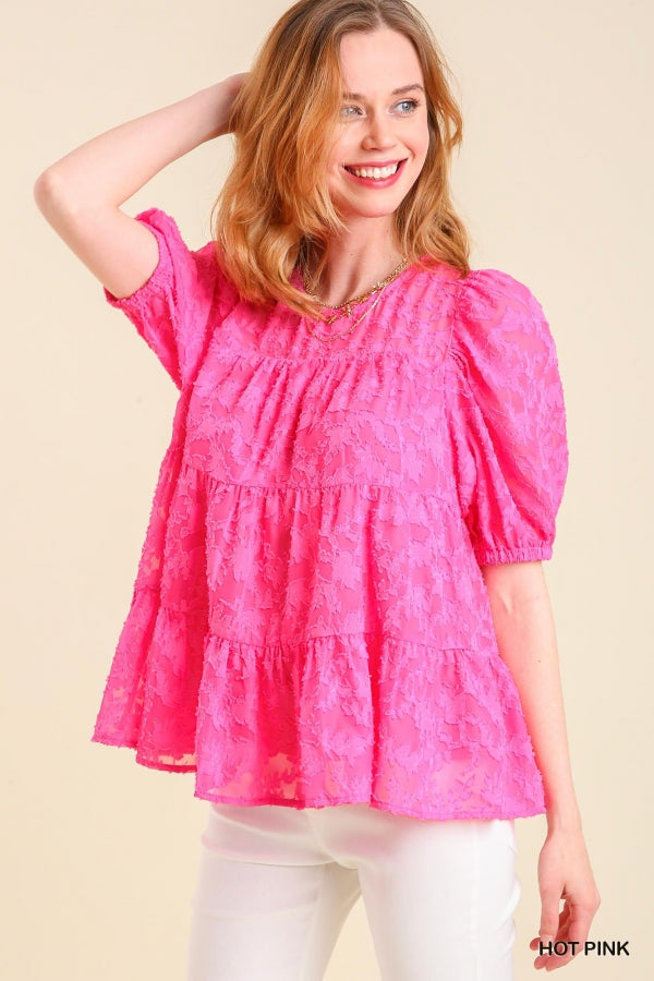 Umgee Floral Jacquard Baby Doll Tiered Top
