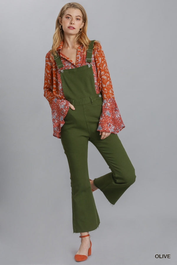 Umgee Adjustable Strap Stretch Denim Overalls with Pockets and Unfinished Hem