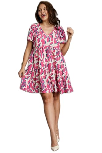 Umgee Abstract Print V-Neck Tiered Dress with Pleat Detail On Sleeves