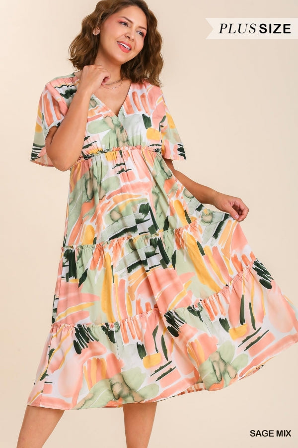 Umgee Abstract Ruffle Sleeve Midi Tiered Dress No Lining